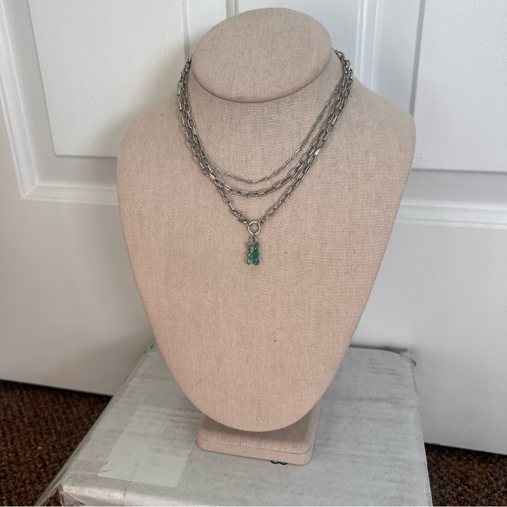 Silver tone tiered collar necklace gummy bear blue charm pendant quirky layered